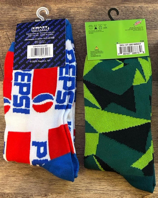 Pepsi And Mountain Dew Sodas Crew Socks (Brand New)