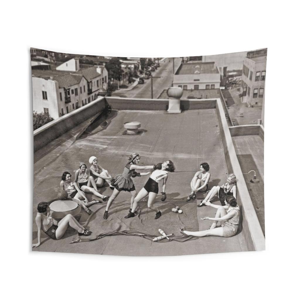 Women Boxing On A Roof 1938 Vintage Wall Tapestry - Art Unlimited