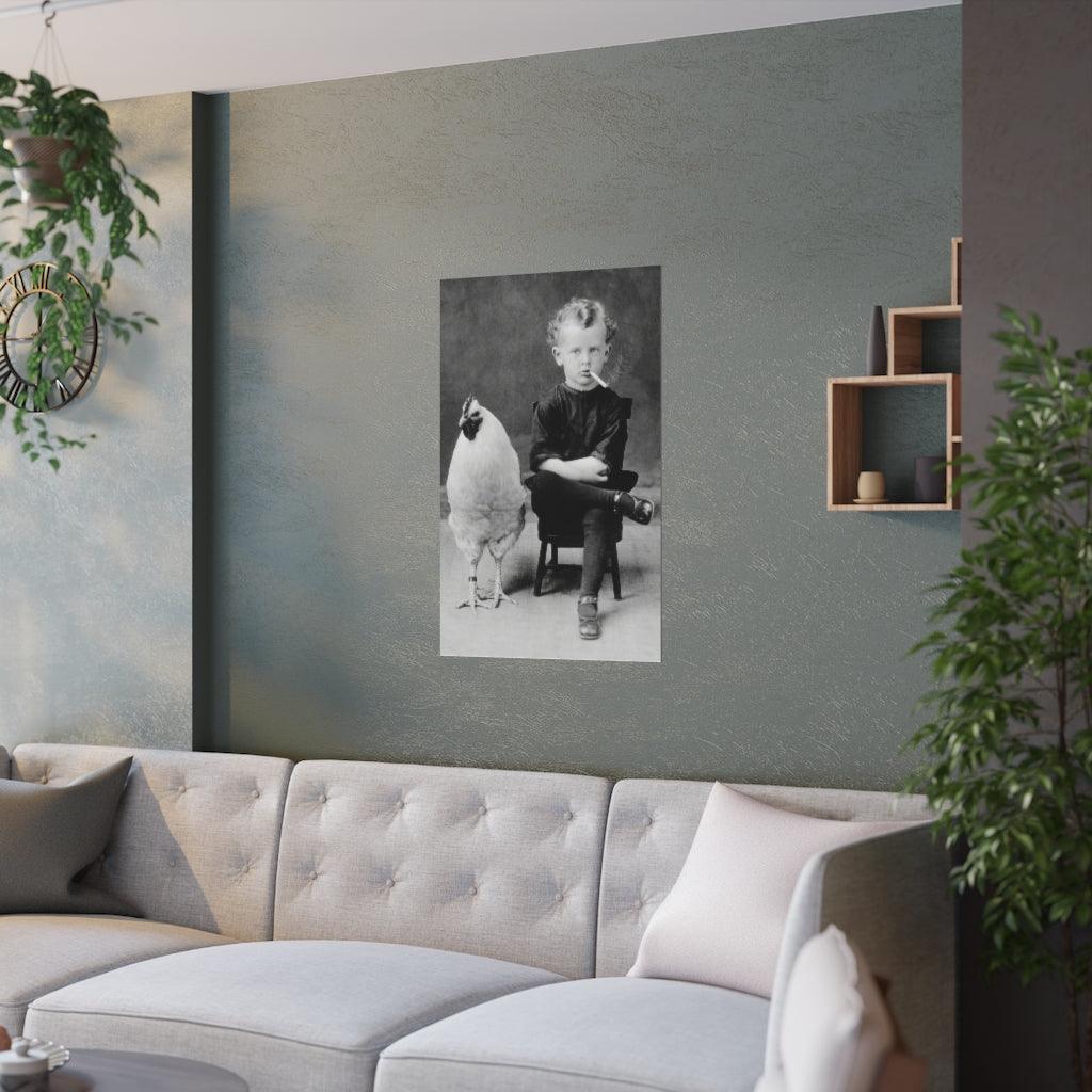 Boy With Chicken Rooster Smoking Cigarette Original Vintage Print Poster - Art Unlimited