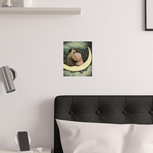 Couple Kissing On Vintage Crescent Moon Print Poster - Art Unlimited