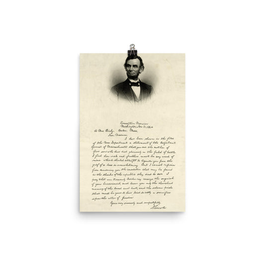 Civil War President Lincoln's Letter to Mrs. Bixby 1891 Print Poster