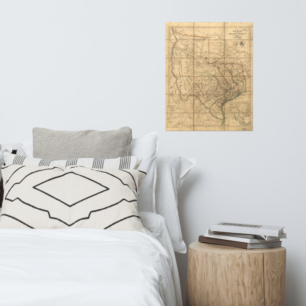 Old Texas Wall Map 1841 Historical Antique Print Poster