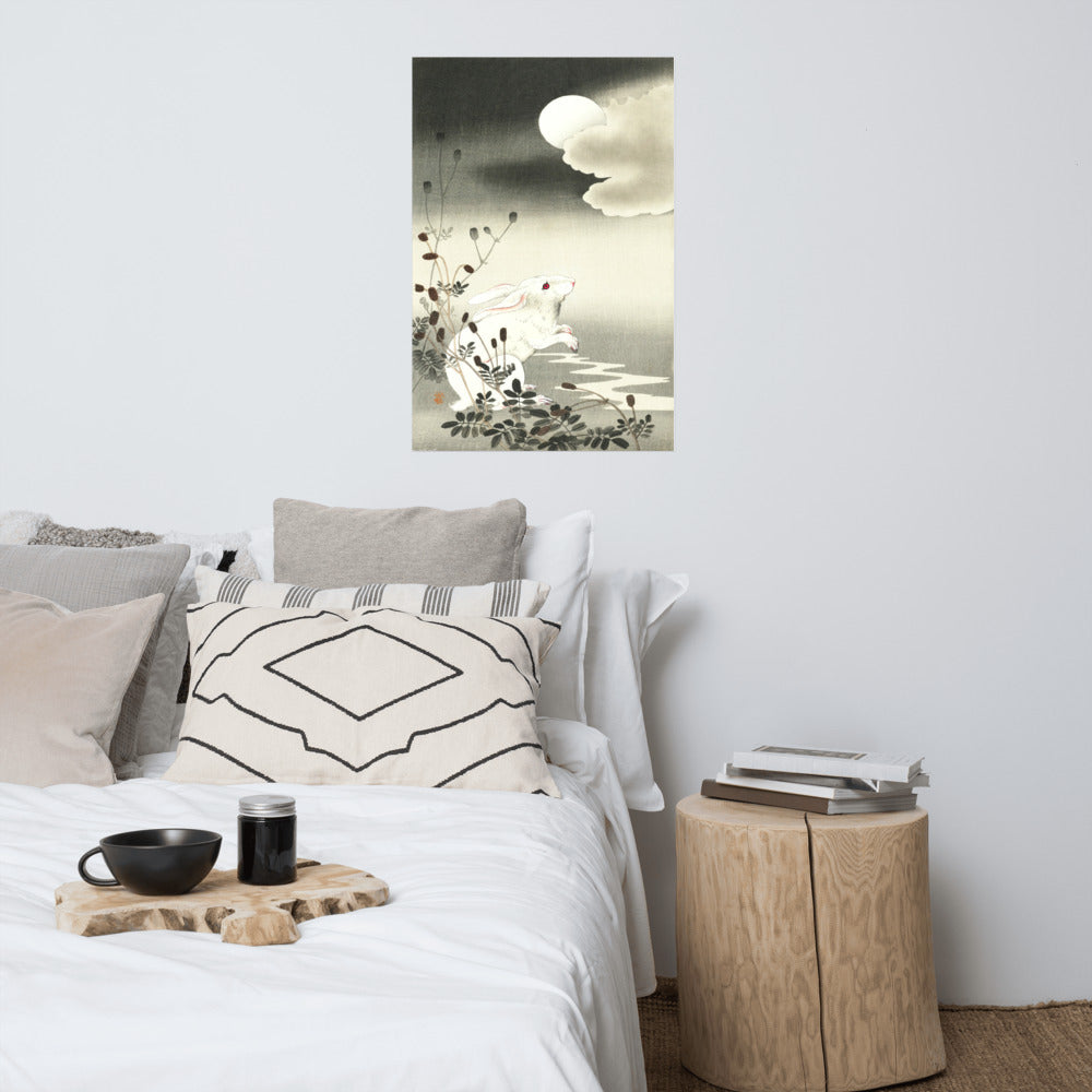 White Rabbit Under Full Moon By Ohara Koson Print Poster