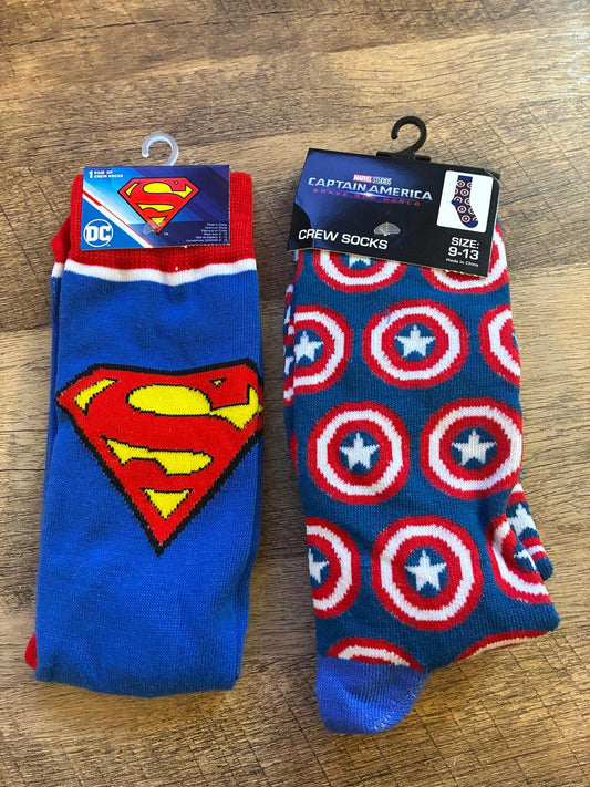 Superman And Captain America Crew Socks (Brand New)