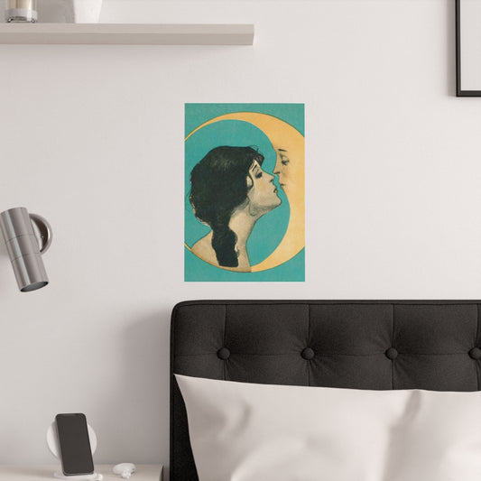 Vintage Woman Kissing Crescent Moon Man Print Poster