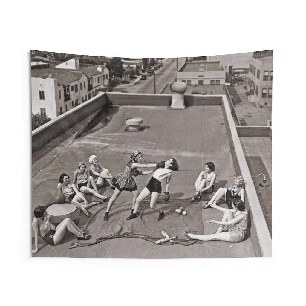 Women Boxing On A Roof 1938 Vintage Wall Tapestry - Art Unlimited