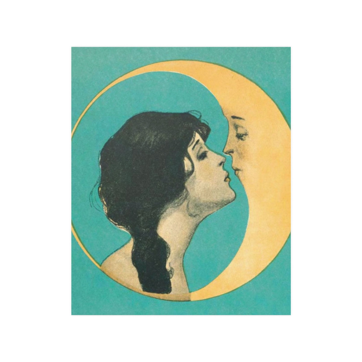 Vintage Woman Kissing Crescent Moon Man Print Poster