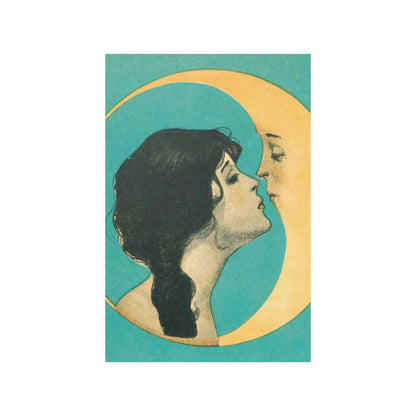 Vintage Woman Kissing Crescent Moon Man Print Poster