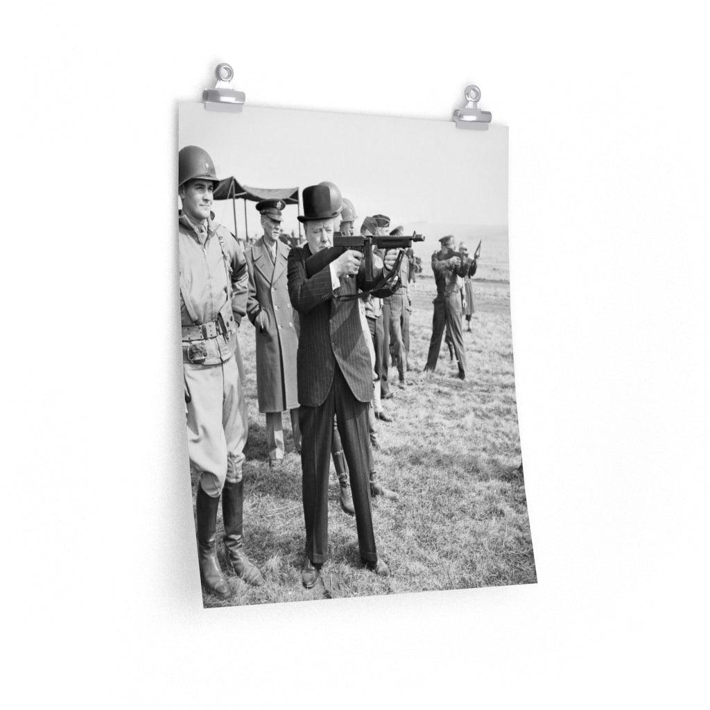 Winston Churchill Shooting Tommy Gun Print Poster - Art Unlimited