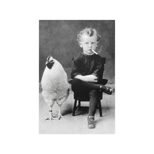 Boy With Chicken Rooster Smoking Cigarette Original Vintage Print Poster - Art Unlimited