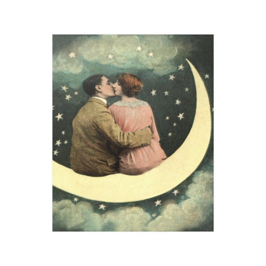 Couple Kissing On Vintage Crescent Moon Print Poster - Art Unlimited