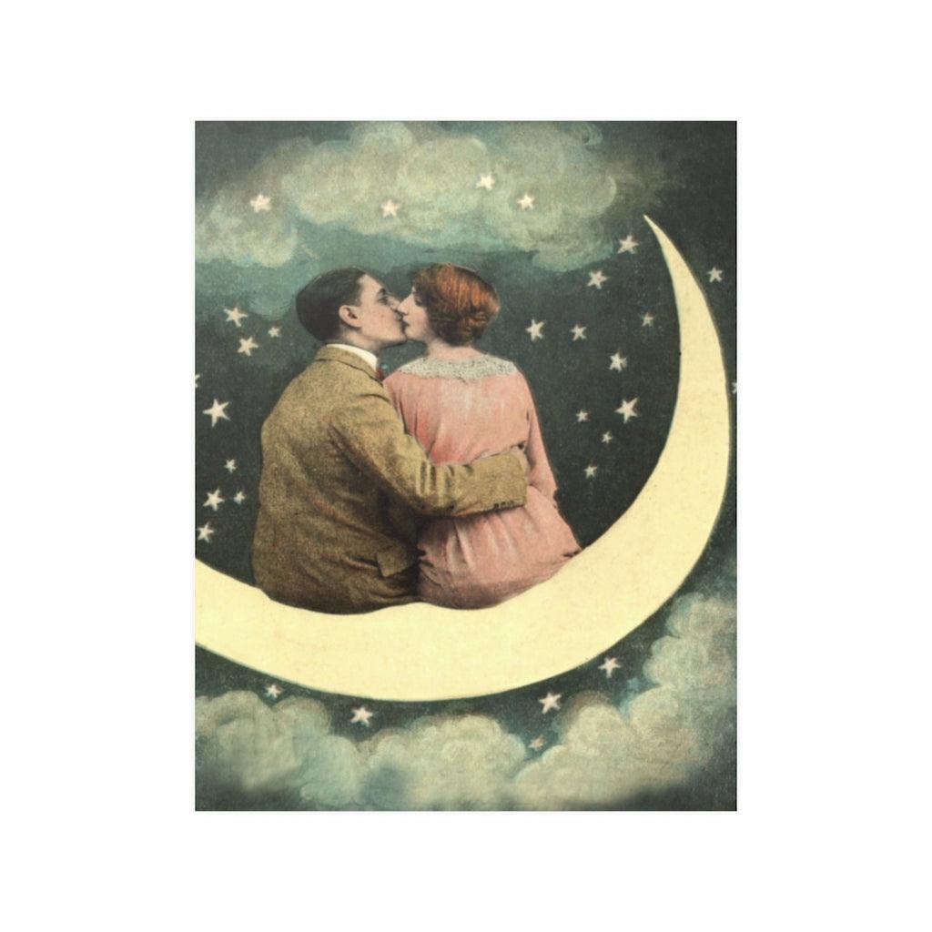 Couple Kissing On Vintage Crescent Moon Print Poster - Art Unlimited