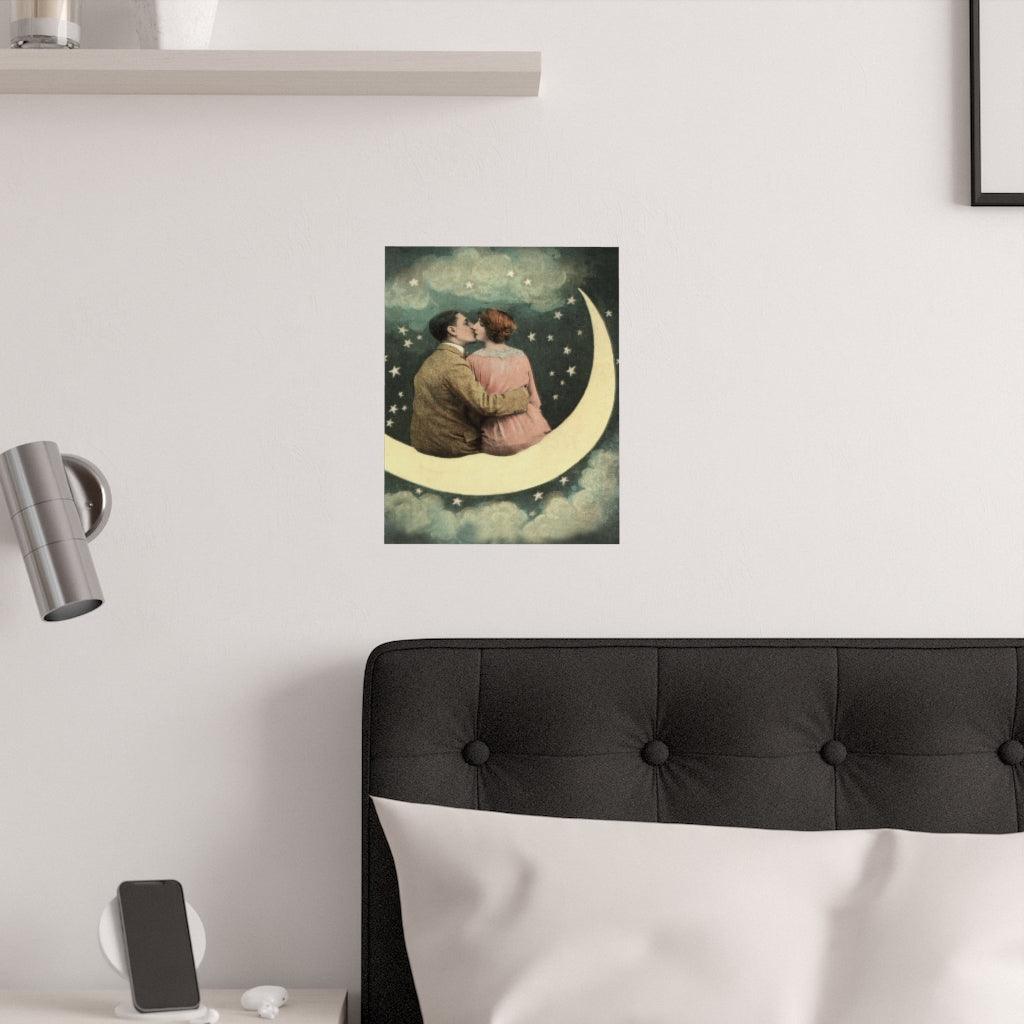 Couple Kissing On Vintage Crescent Moon Print Poster - Art Unlimited