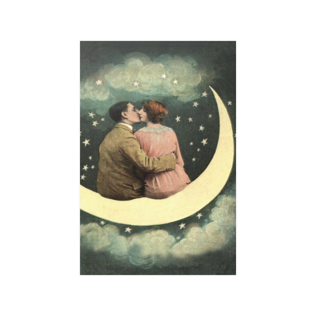 Couple Kissing On Vintage Crescent Moon Print Poster - Art Unlimited