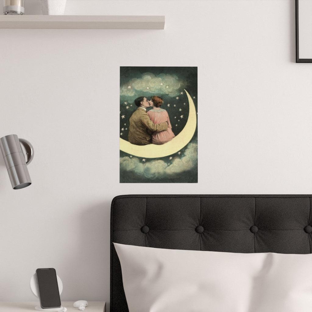 Couple Kissing On Vintage Crescent Moon Print Poster - Art Unlimited