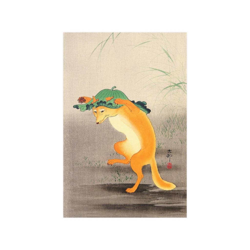 Dancing Fox With Lotus Leaf Hat By Ohara Koson Print Poster - Art Unlimited