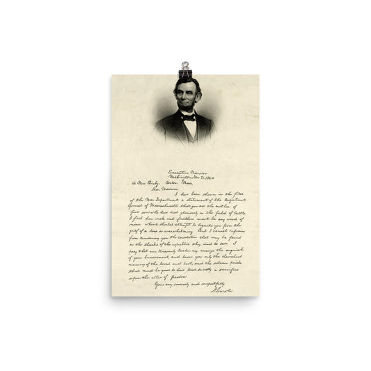 Civil War President Lincoln&#39;s Letter to Mrs. Bixby 1891 Print Poster