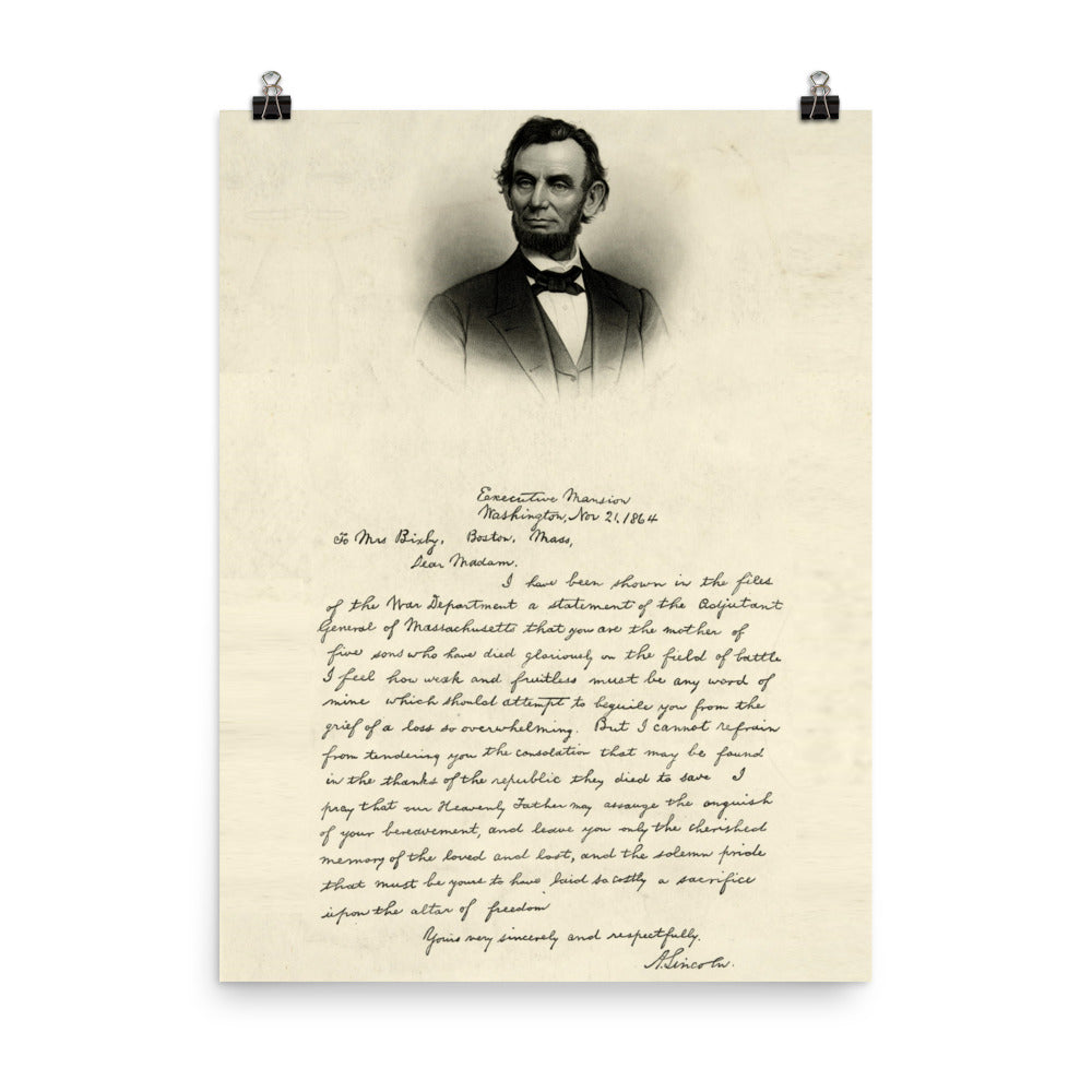 Civil War President Lincoln&#39;s Letter to Mrs. Bixby 1891 Print Poster
