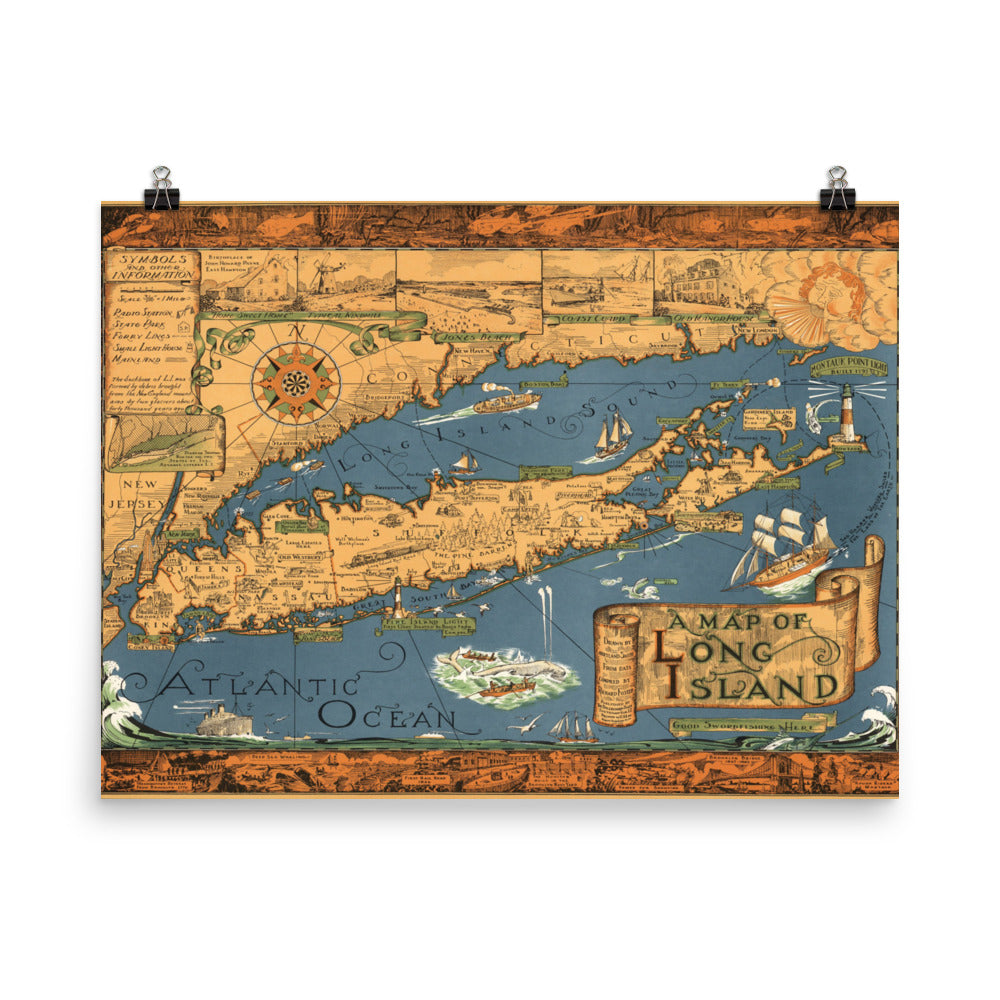 Map of Long Island Historic Vintage 1933 Print Poster