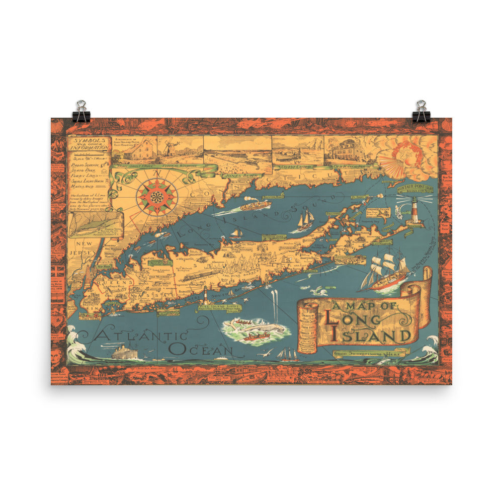 Map of Long Island Historic Vintage 1933 Print Poster