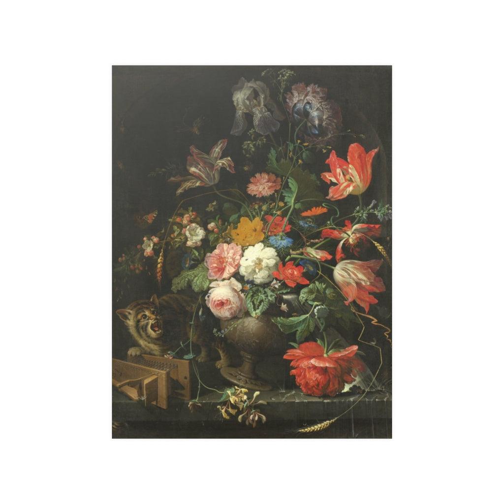 The Overturned Bouquet - Still Life With Cat Painting By Abraham Mignon Print Poster - Art Unlimited