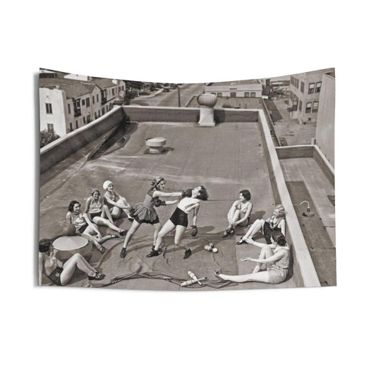 Women Boxing On A Roof 1938 Vintage Wall Tapestry - Art Unlimited