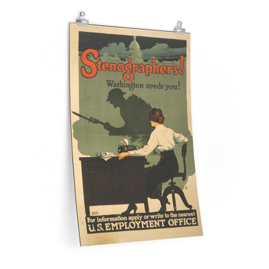 Stenographers Washington Needs You WWI Vintage Print Poster - Art Unlimited