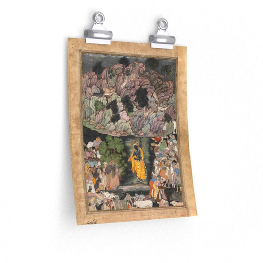 Krishna Holds Up Mount Govardhan To Shelter The Villagers Of Braj 1590 Print Poster - Art Unlimited