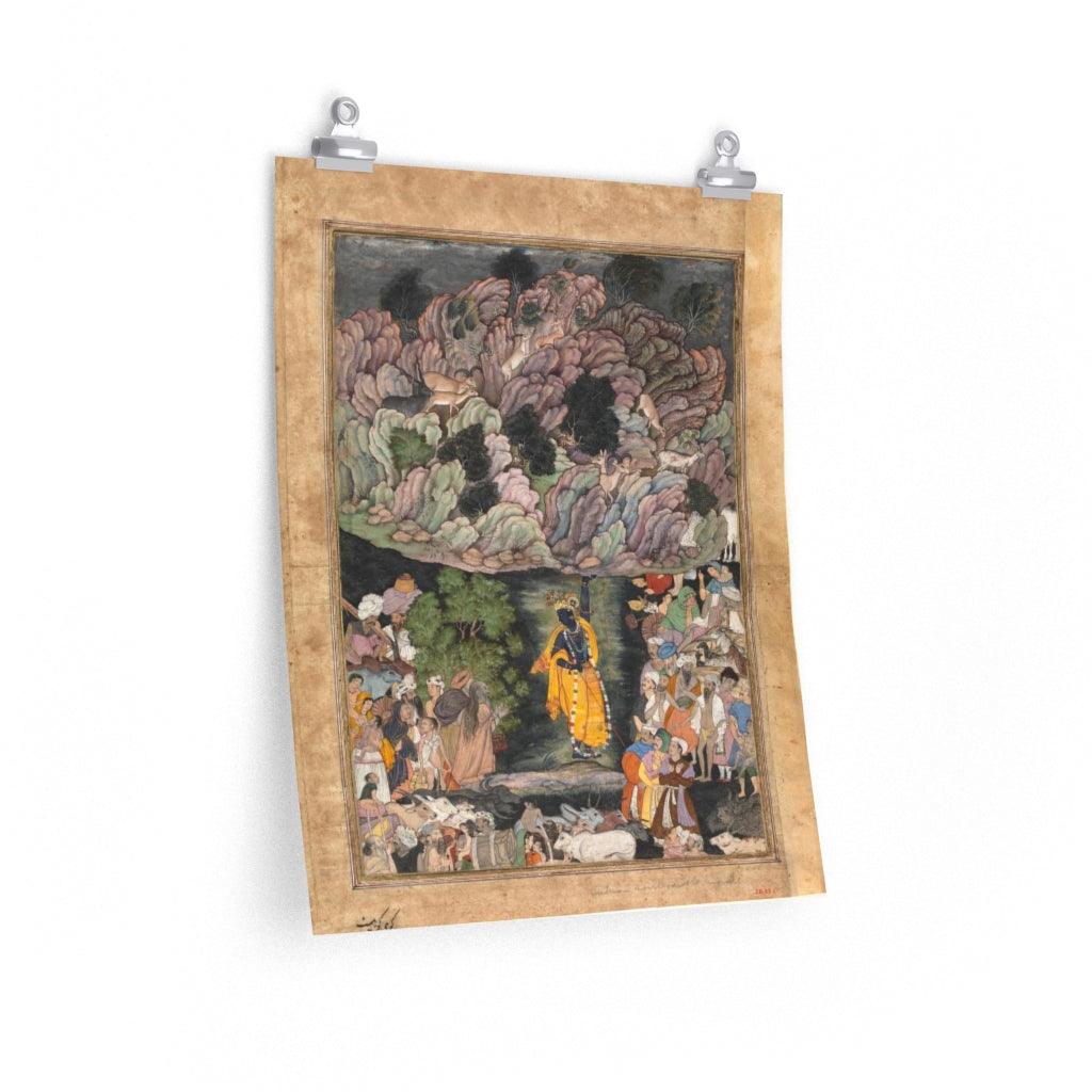 Krishna Holds Up Mount Govardhan To Shelter The Villagers Of Braj 1590 Print Poster - Art Unlimited