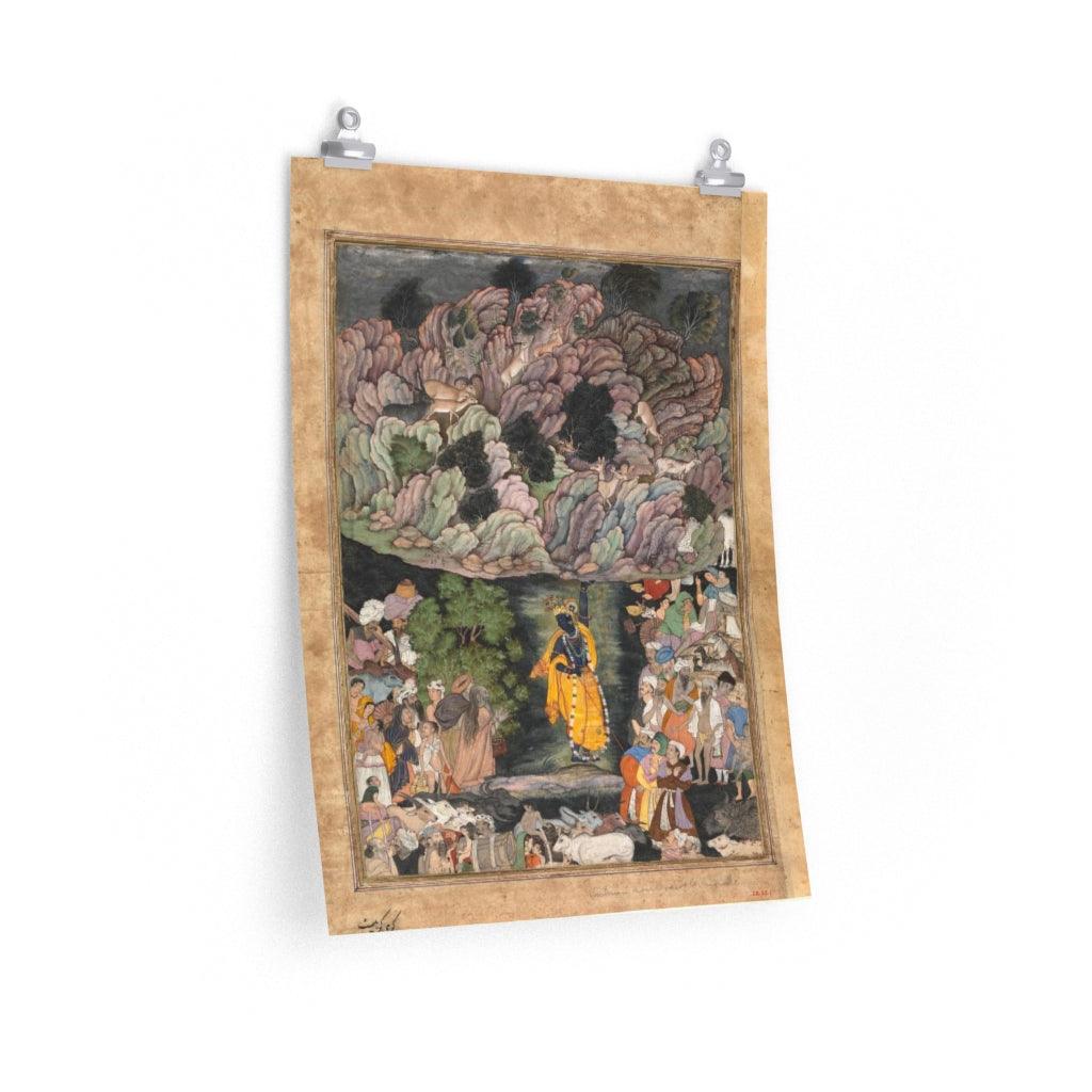 Krishna Holds Up Mount Govardhan To Shelter The Villagers Of Braj 1590 Print Poster - Art Unlimited
