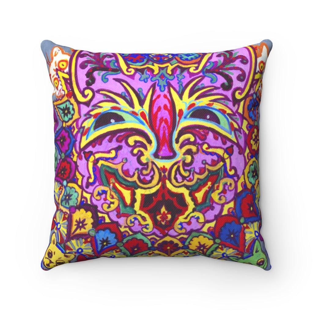 Louis Wain - Psychedelic Cat - Colorful Cats Dancing Square Pillow - Art Unlimited