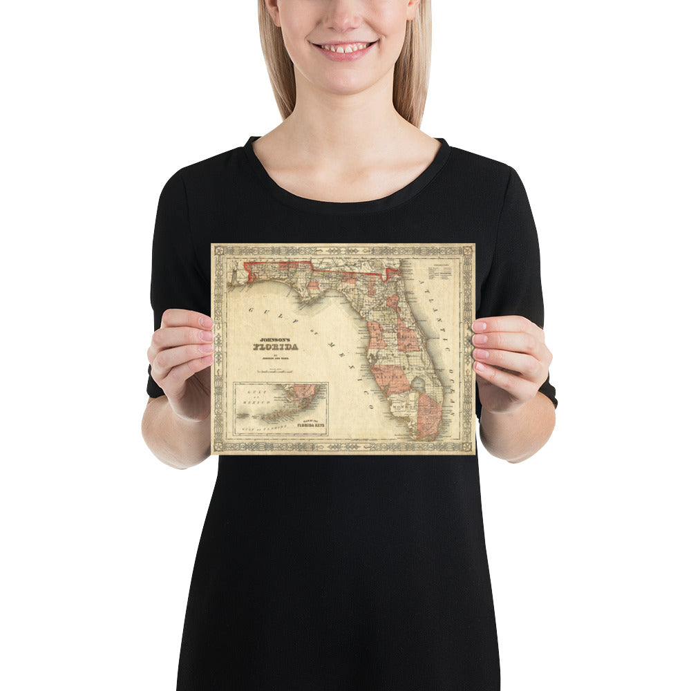Old Florida Map 1863 Johnson&#39;s Map Of Florida Restoration Style Florida Vintage State Map Print Poster