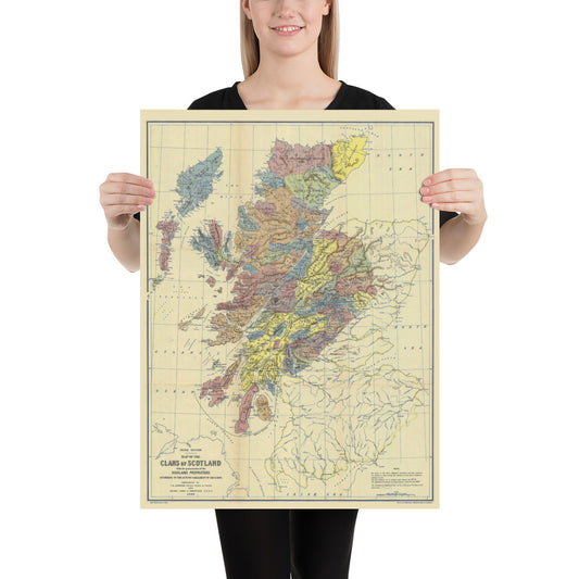 Clans of Scotland Historical Map Clan Locations & Principal Landowner Area 1899 Print Poster