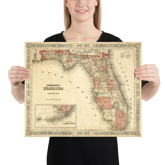 Old Florida Map 1863 Johnson&#39;s Map Of Florida Restoration Style Florida Vintage State Map Print Poster