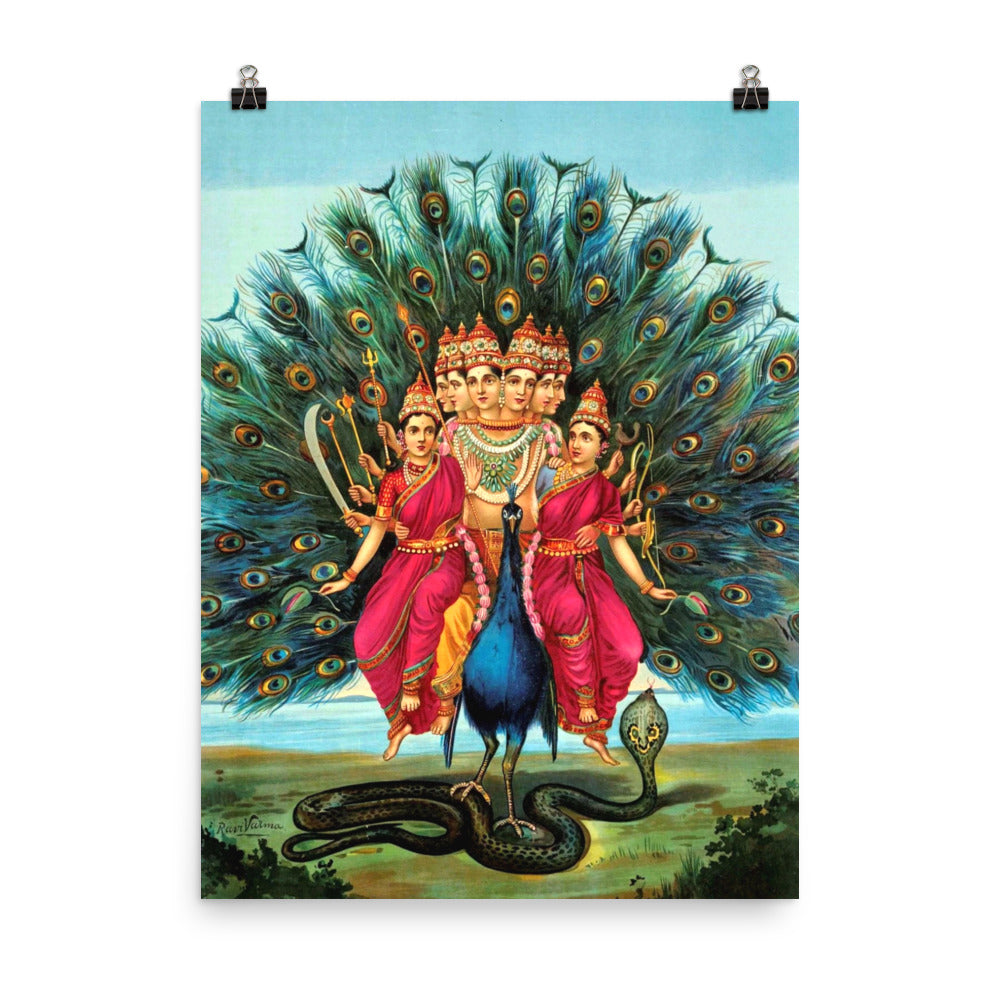Raja Ravi Varma Sri Shanmukha Subrahmanya Swami Murugan Skanda Kumara Peacock Print Poster