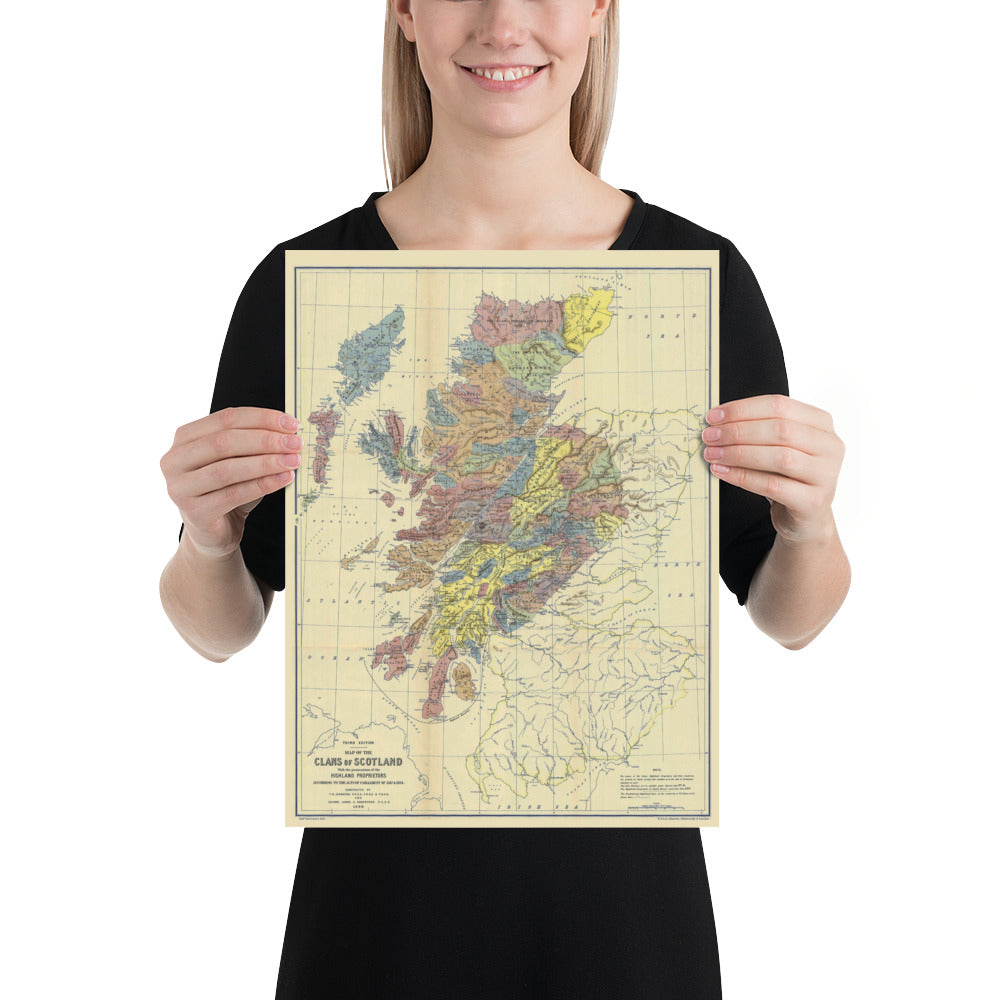 Clans of Scotland Historical Map Clan Locations & Principal Landowner Area 1899 Print Poster