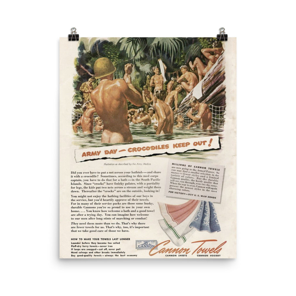 Nude Men Bathing Vintage Advertising For Towels Naked Military Army Navy WWII Males Washing Print Poster